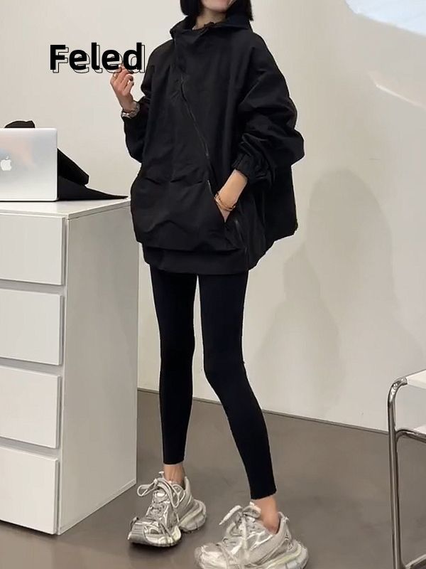 Feira Denton's new diagonal zipper niche design hooded jacket for men and women loose slimming jacket