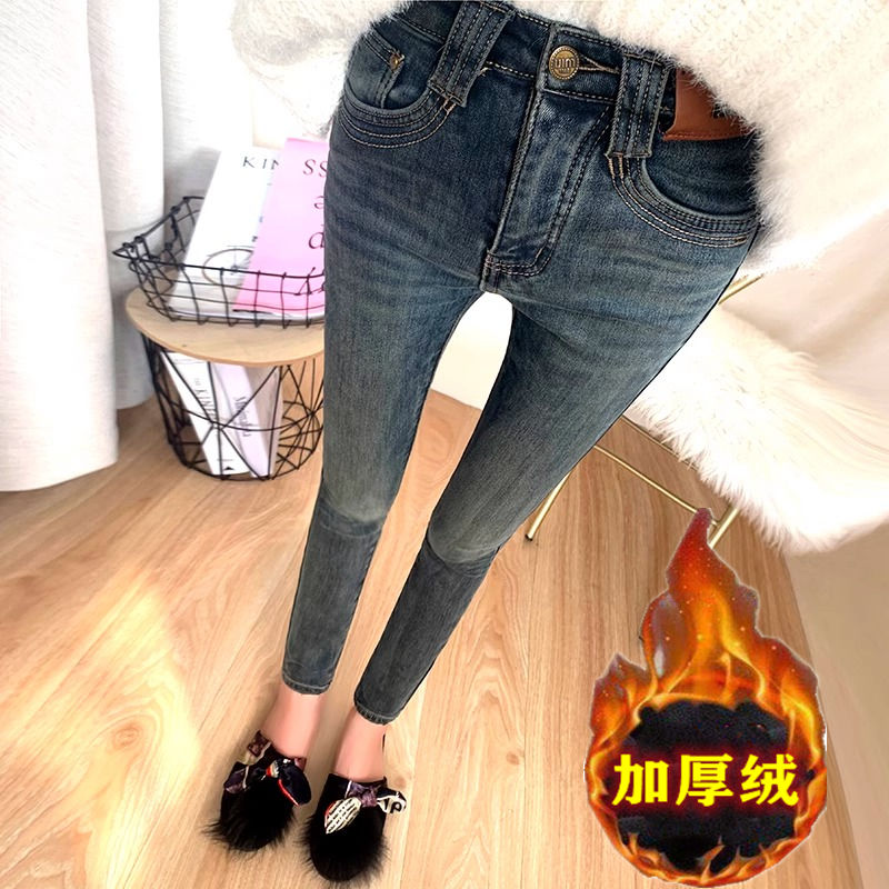 水泥灰加絨加厚牛仔褲女2023年秋冬新款大碼高腰顯瘦九分小腳靴褲