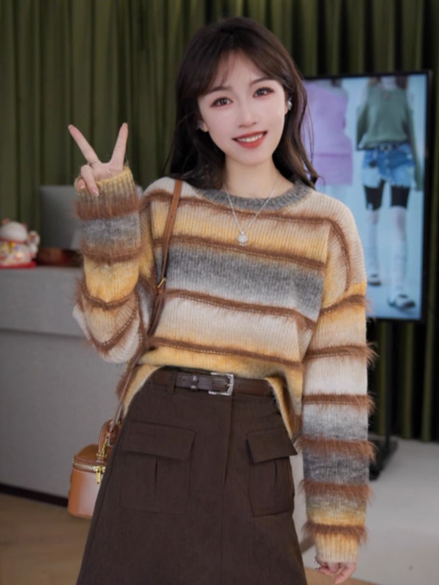 漸變撞色條短款毛衣女秋冬季2023新款套頭寬鬆慵懶長袖針織衫上衣