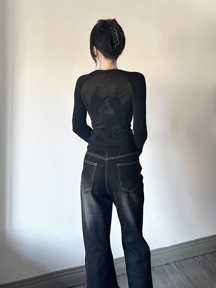 美式辣妹y2k長袖T恤女裝秋冬季黑色獨特别致修身打底衫內搭小上衣