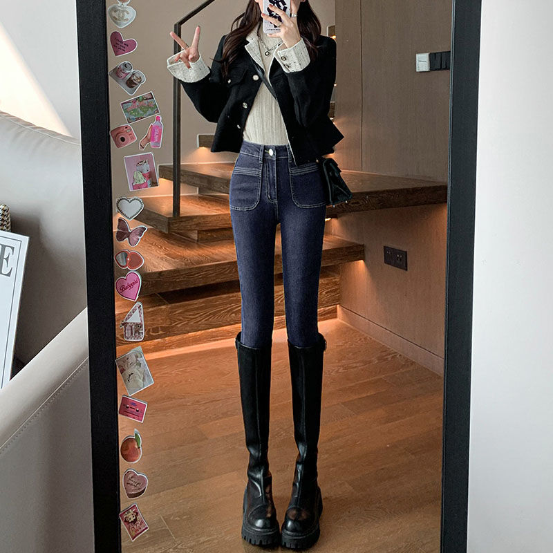 顯瘦鉛筆褲高腰牛仔褲女小腳2023新款修身潮流時尚紐扣胖妹妹遮肉