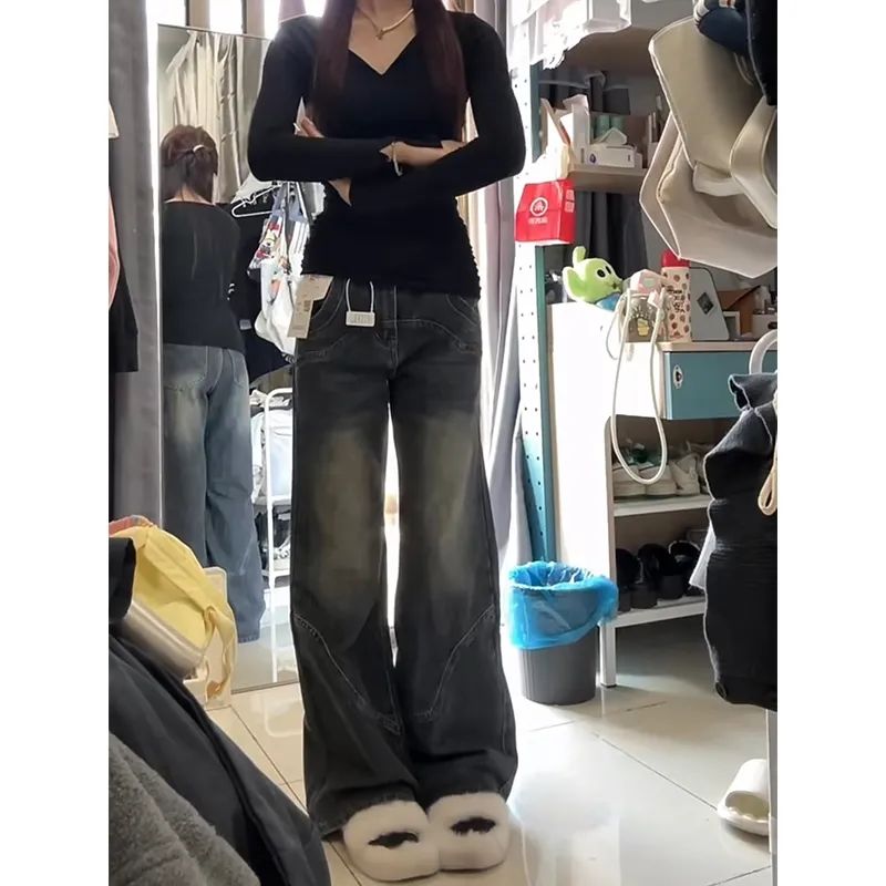 復古水泥灰高腰闊腿牛仔褲女2023秋冬新款寬鬆顯瘦設計感拖地褲子