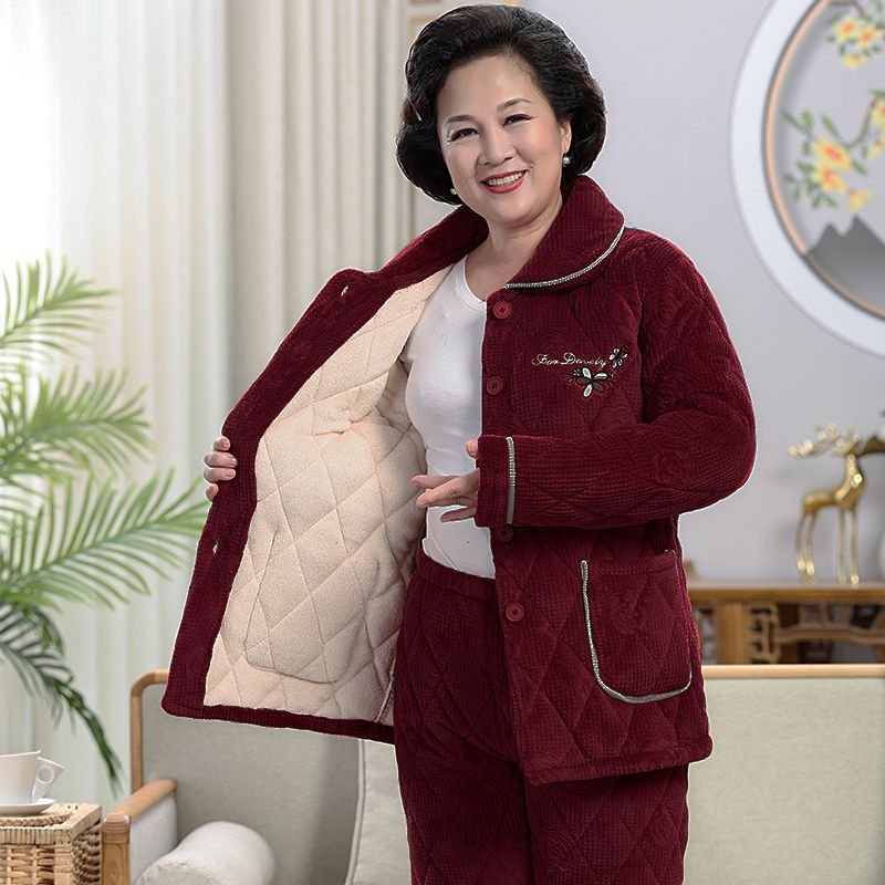 中青年睡衣女士三層加厚加絨珊瑚絨夾棉襖保暖家居服套裝秋冬季款
