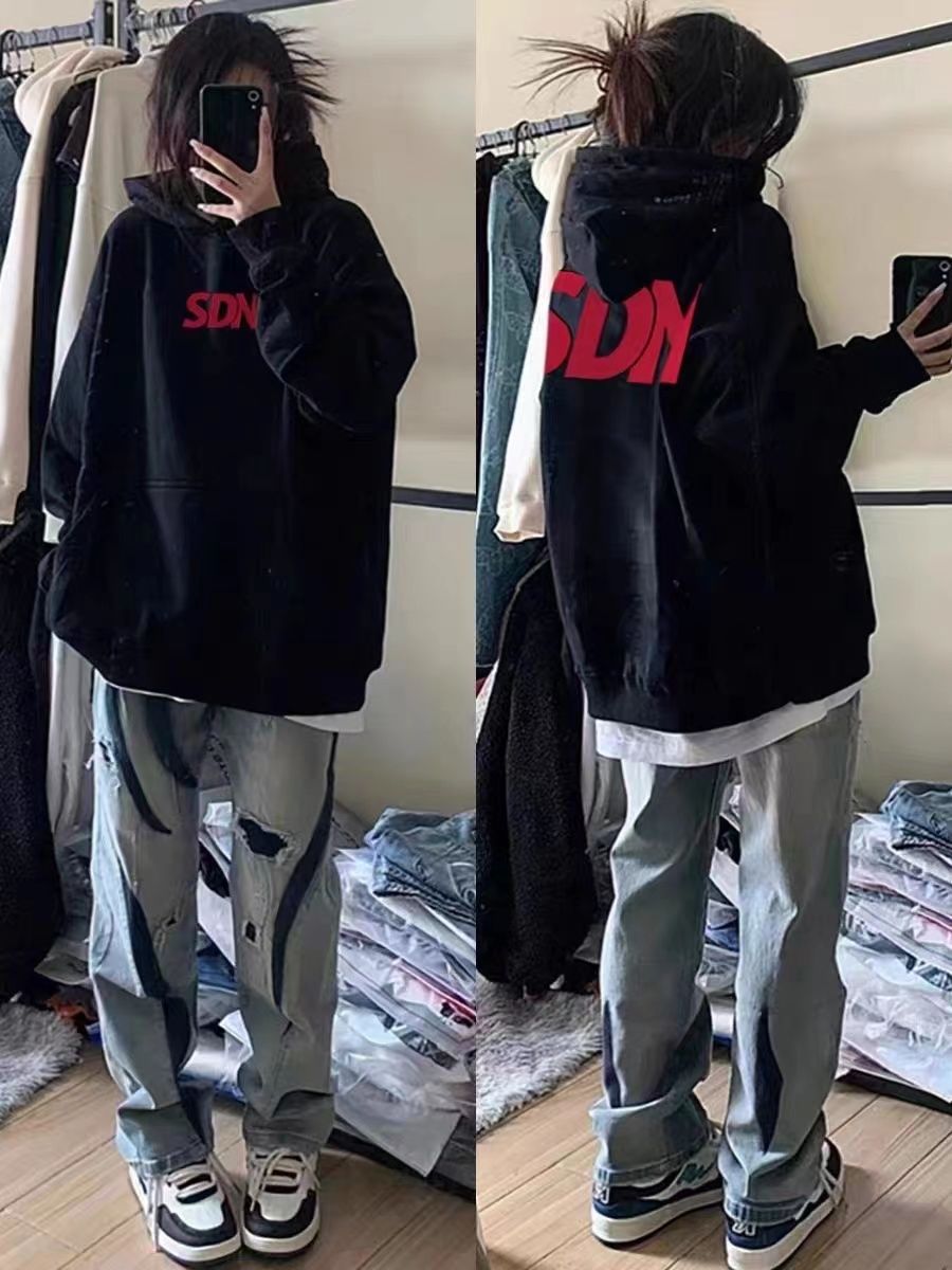 新款美式高級感衛衣學生加絨寬鬆oversize秋冬連帽長袖上衣女薄