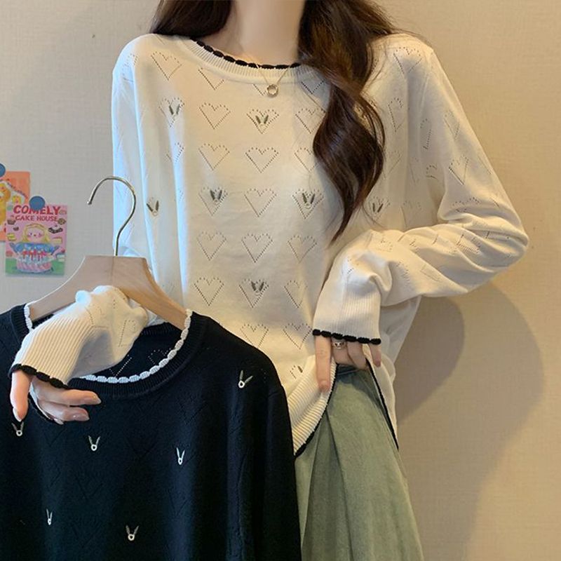 愛心刺繡長袖上衣秋冬季2023年新款內搭毛衣女寬鬆顯瘦針織打底衫