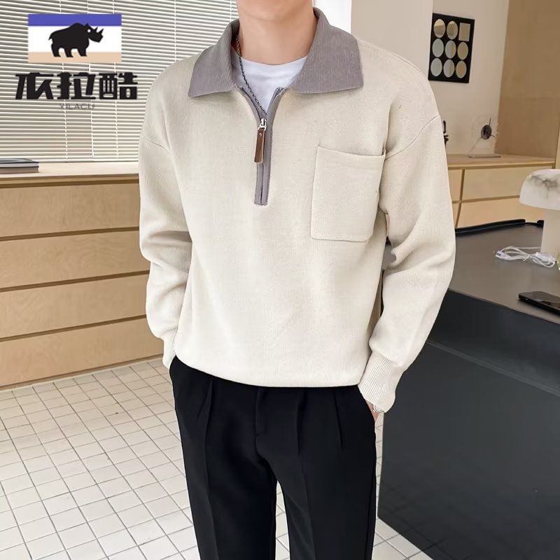 學生男拼色polo針織衫春秋新款韓版寬鬆外穿上衣高檔男保暖毛衣