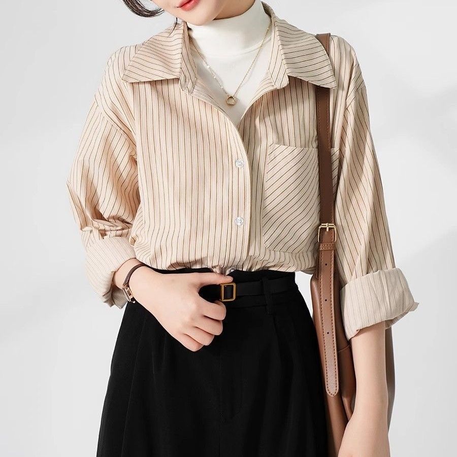 格瑞吉奧條紋襯衫休閒春秋長袖上衣女慵懶風寬鬆小眾日系百搭襯衣