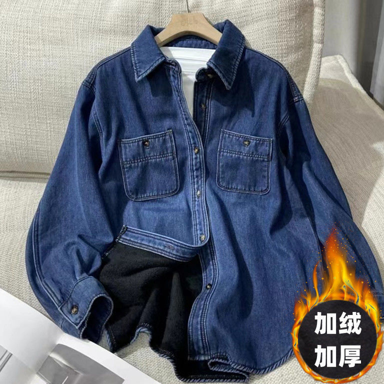 設計感復古水洗做舊polo領加絨加厚保暖牛仔襯衫女寬鬆中長款外套