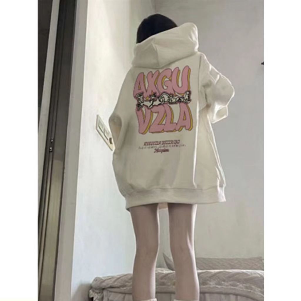 ins風復古美式小眾字母印花連帽衛衣女春秋冬加絨加厚潮流情侶上