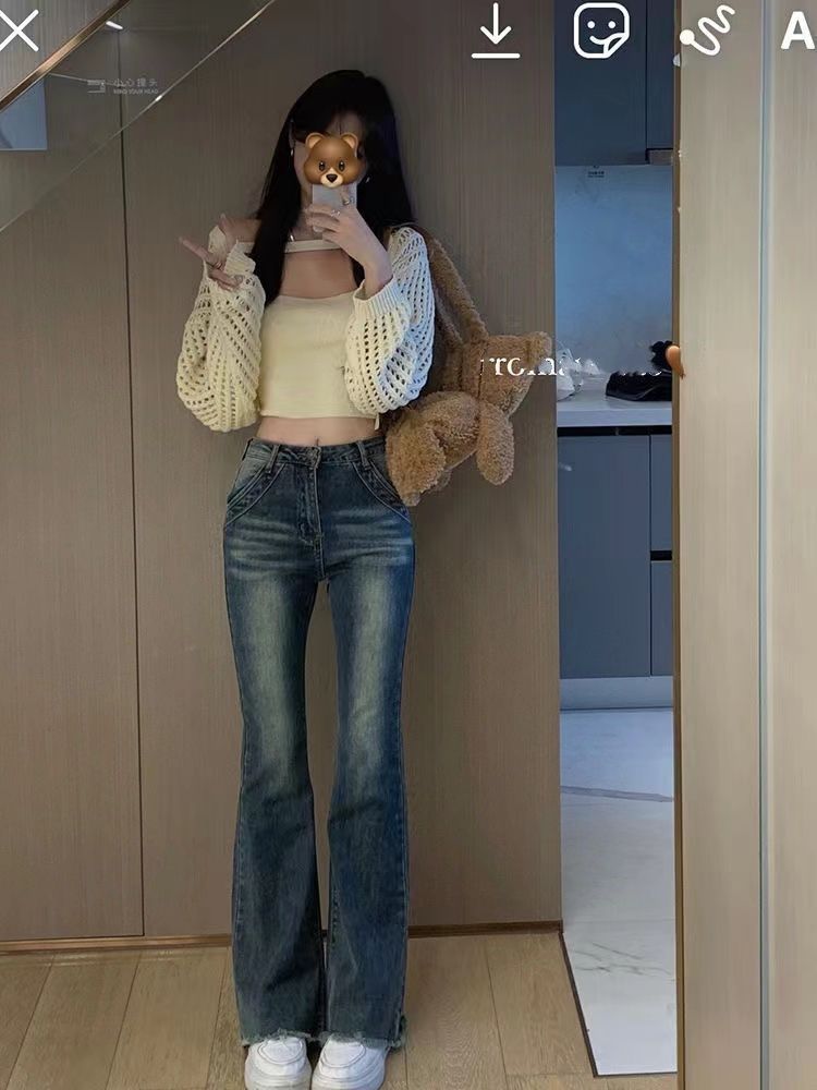 美式復古水洗高腰微喇叭牛仔褲女秋季新款修身顯瘦彈力毛邊拖地褲