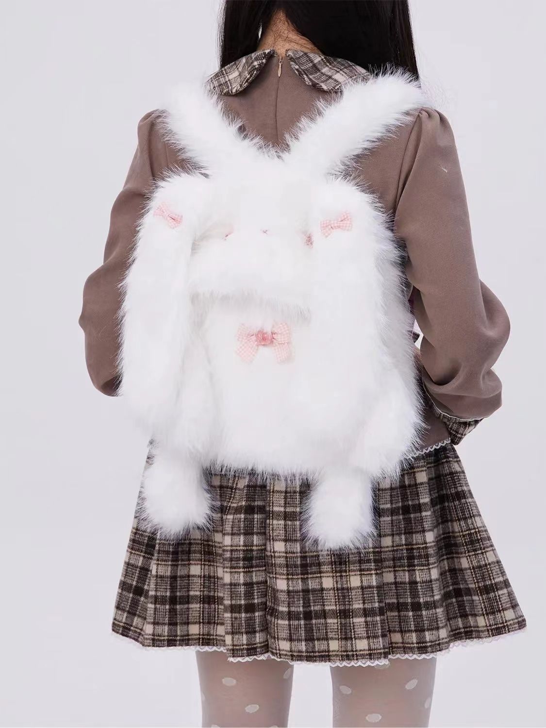 原创日系可爱甜美少女白色双肩包童趣毛绒绒兔子包包小众设计