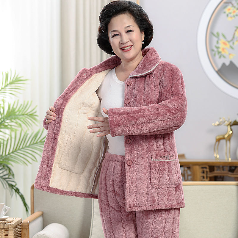 三層夾棉睡衣女加絨加厚寬鬆大碼寬鬆中老年保暖家居服套裝冬外穿