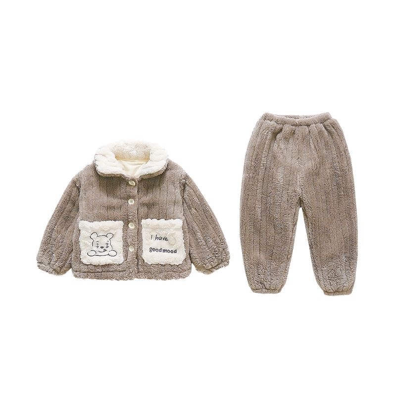 儿童珊瑚绒睡衣秋冬季双层加绒加厚男孩宝宝法兰绒套装男童家居服