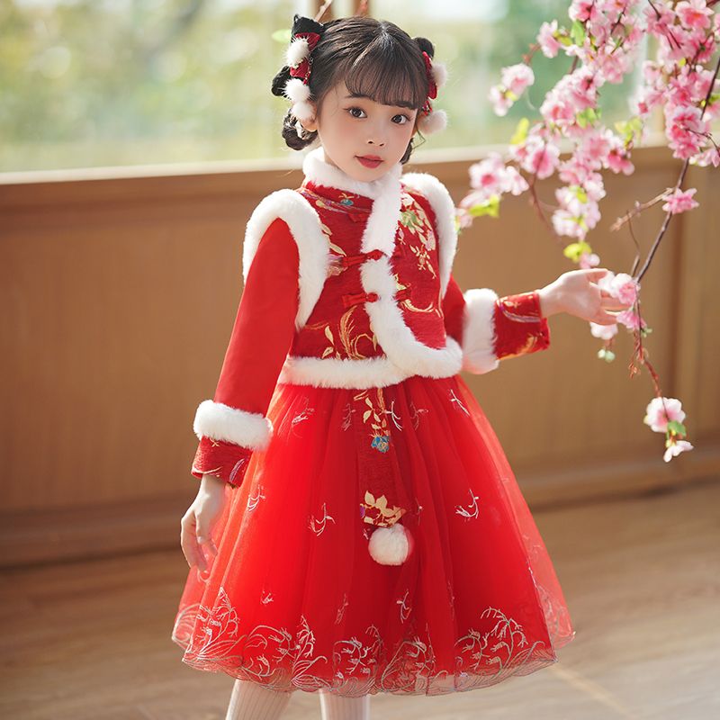 漢服女童連衣裙兒童過年服裙子冬季拜年服冬款紅色中國風冬裝加絨