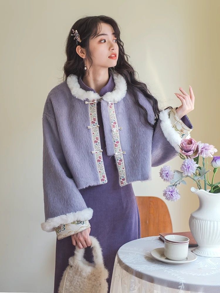 [Yue Shu]  Winter Chinese Style Girly Short Jacket Women’s Improved Long Cheongsam New Chinese Style Suit