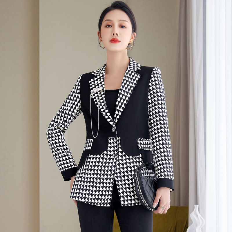 棋盤格西裝外套女秋冬2023新款時尚設計感拼接西服套裝高級感上衣