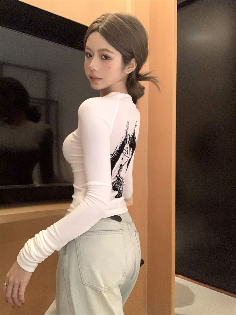 白色天使印花長袖T恤女辣妹修身內搭打底衫設計感小眾上衣