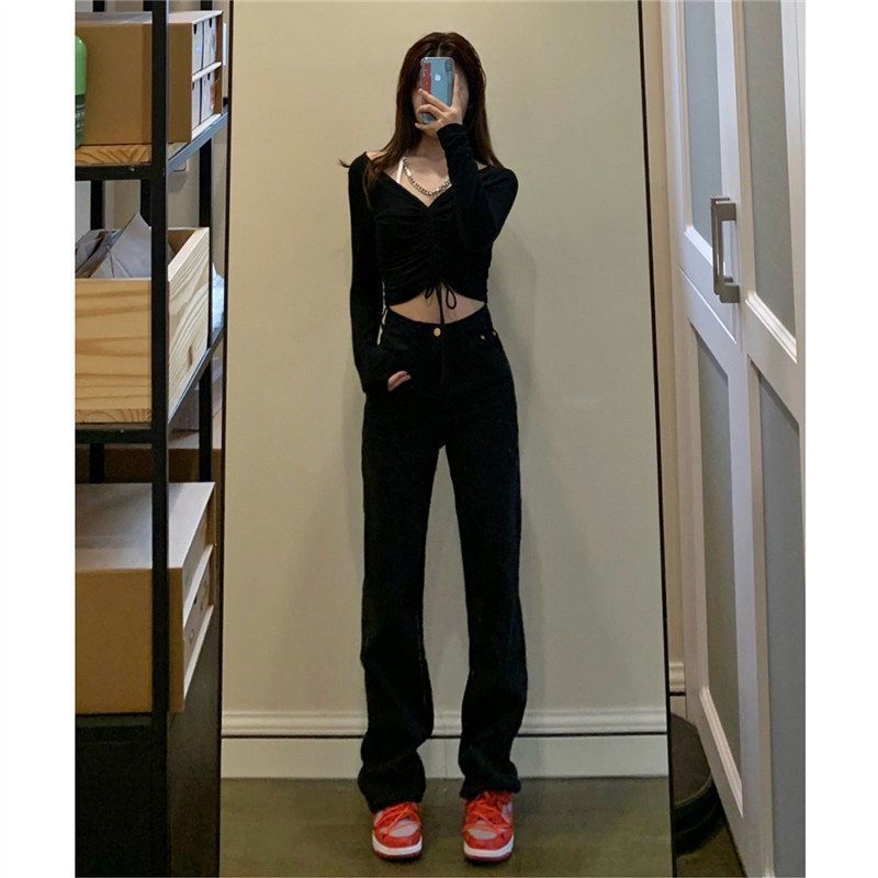 黑色窄版直筒牛仔褲女高腰修身彈力顯瘦顯高百搭加長煙管堆堆褲子