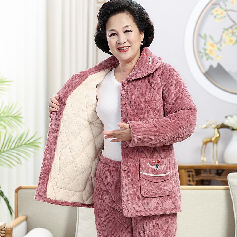睡衣女士秋冬季珊瑚绒加厚加绒保暖三层夹棉袄中老年家居服套装款