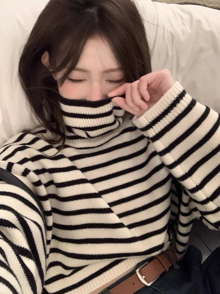 珍珍家私服慵懶百搭高領羊毛條紋毛衣短款黑白條紋寬鬆針織上衣秋