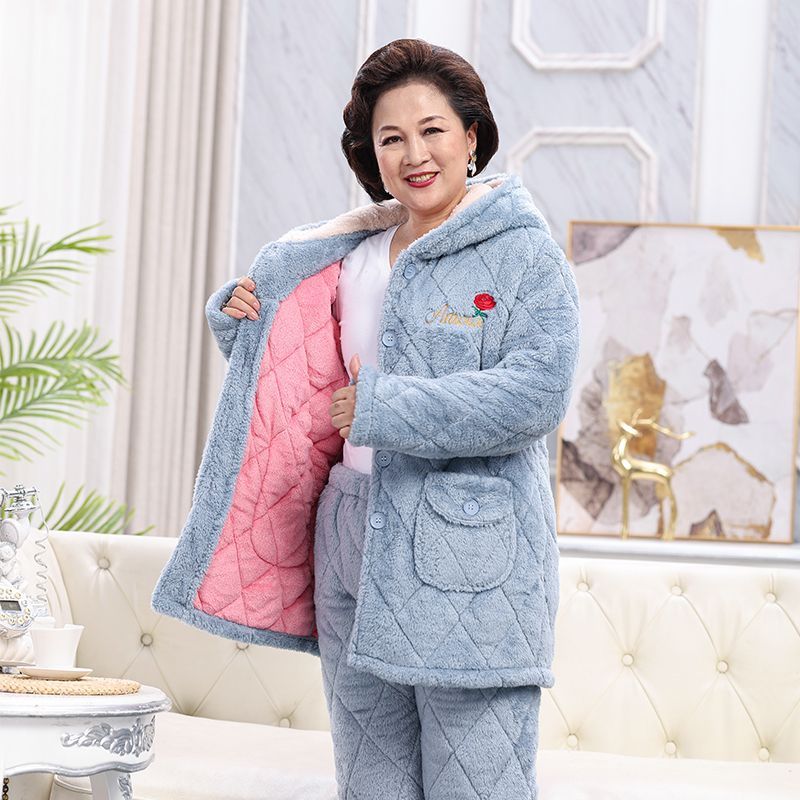 棉襖睡衣女冬加厚保暖中老年媽媽法蘭絨三層加絨珊瑚絨家居服套裝