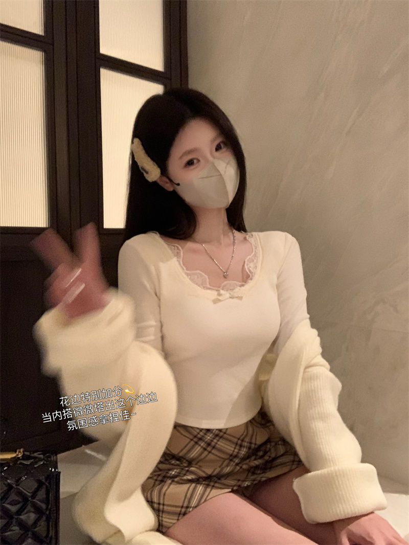 秋冬2023新款純欲風蕾絲內搭短款長袖打底衫T恤保暖上衣女