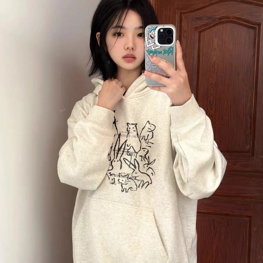 美式復古重磅純棉連帽衛衣女秋冬新款寬鬆韓版學生情侶銀狐絨外套