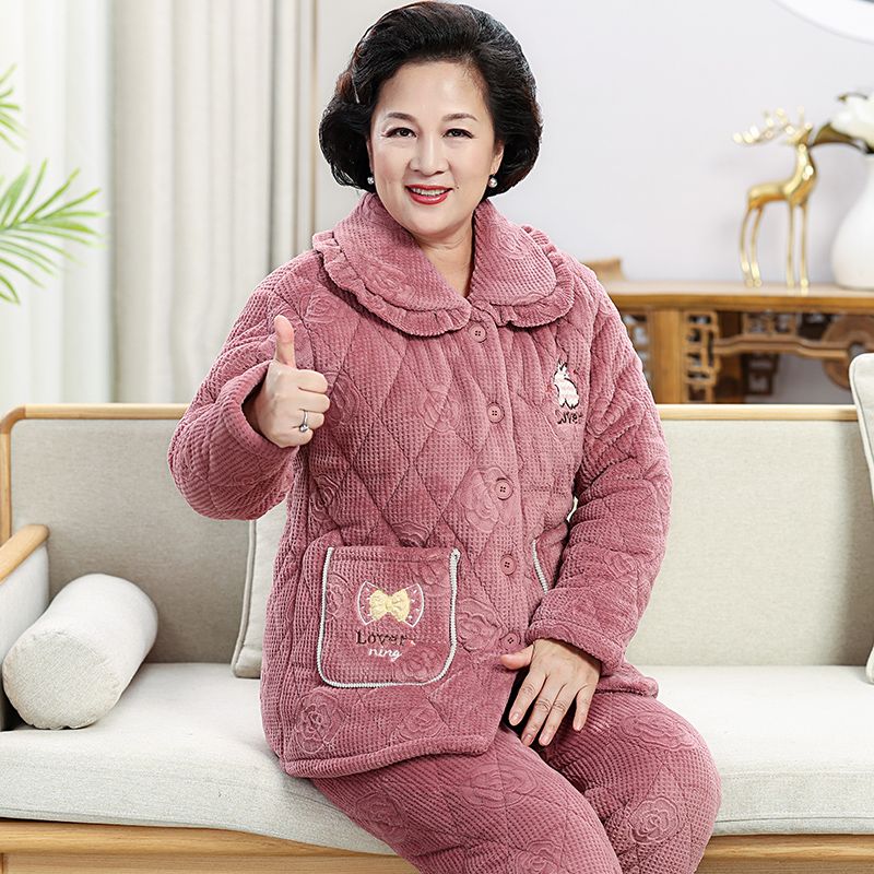 冬外穿三層夾棉睡衣女加絨加厚寬鬆大碼寬鬆中老年保暖家居服套裝