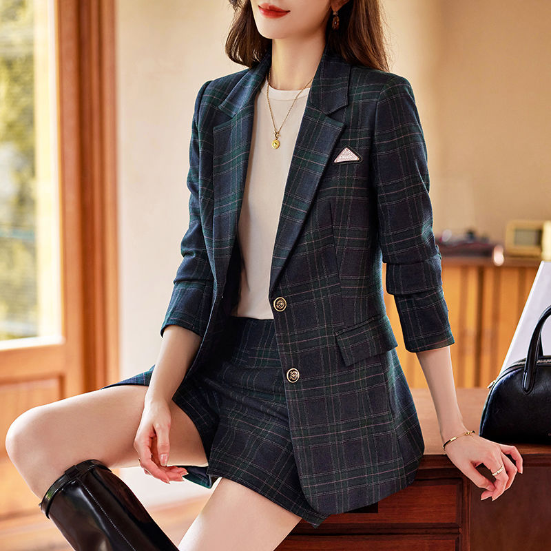 綠色格子西裝外套女秋季新款氣質時尚高級感小個子西服短褲套裝