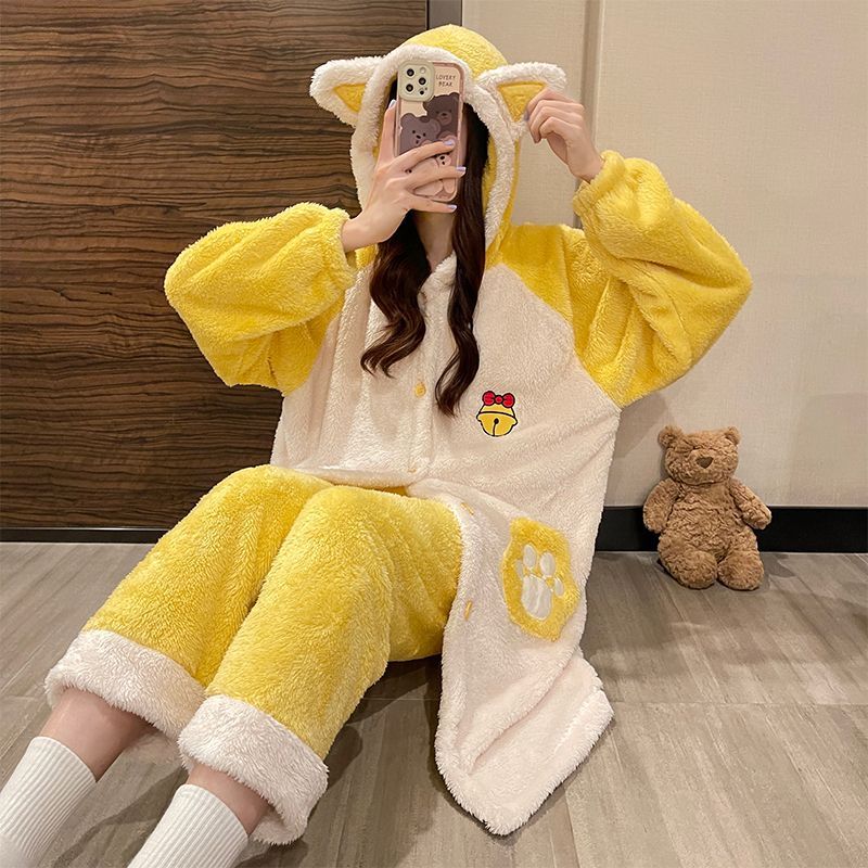 睡衣女秋冬珊瑚絨長款睡袍加厚加絨可愛鈴鐺長袖春秋款家居服套裝