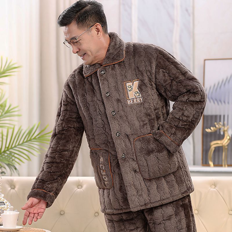 加絨加厚寬鬆大碼寬鬆中老年保暖家居服套裝冬外穿三層夾棉睡衣男