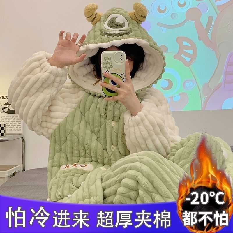 珊瑚絨睡衣女冬季加厚三層夾棉卡通大眼仔寬鬆加絨大碼家居服套裝