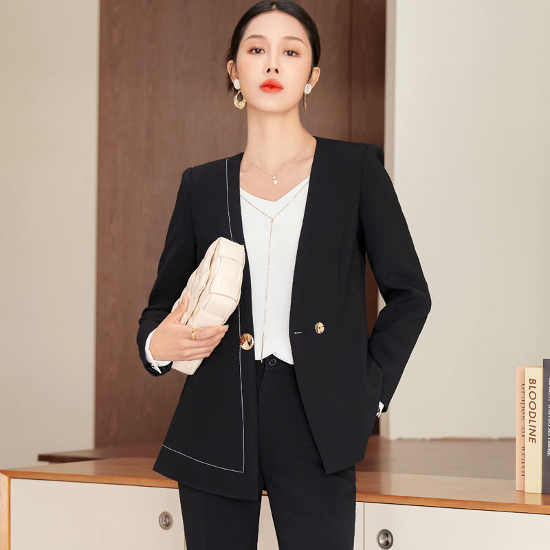 無領西裝外套女秋冬2023新款氣質職業套裝女播音主持人正裝工作服