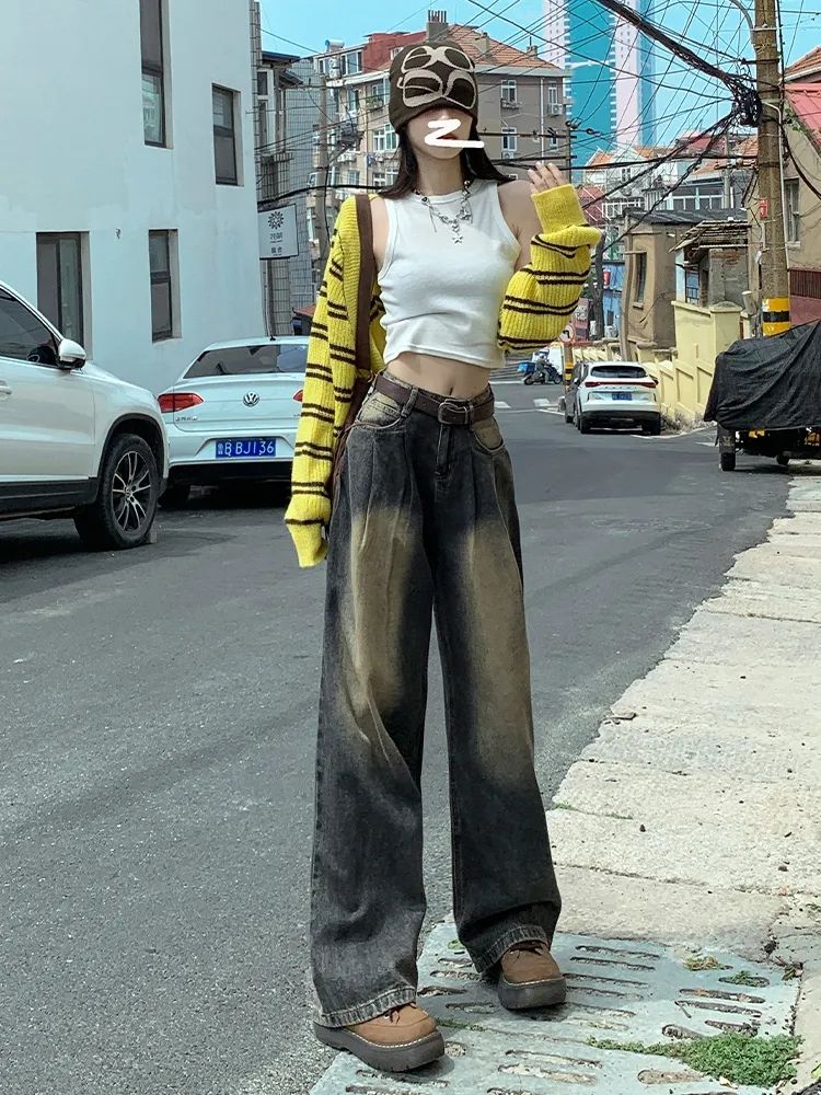 美式褶皺闊腿牛仔褲女2023秋冬復古做舊高腰顯瘦寬鬆直筒拖地褲子