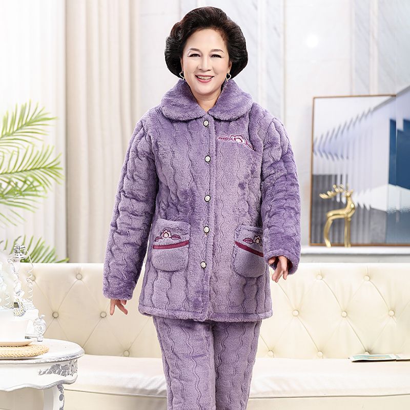 棉袄睡衣女冬加厚保暖中老年妈妈法兰绒三层加绒珊瑚绒家居服套装