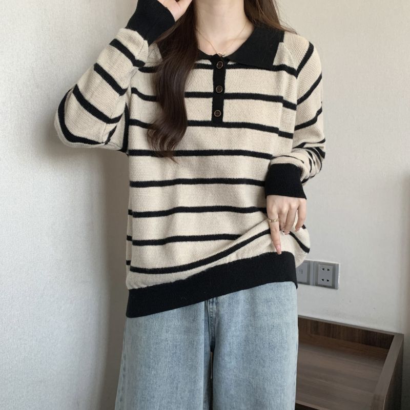 大碼女裝秋冬慵懶風條紋Polo領針織衫胖mm遮肚顯瘦打底衫內搭上衣