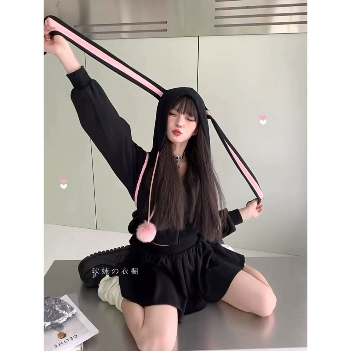 自製【軟】小丑兔姬!日系可愛少女學生黑粉兔子長耳朵長袖衛衣秋