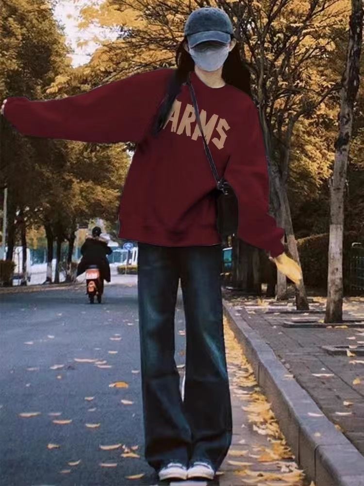 無帽薄款酒紅色衛衣女秋冬2023新款美式港風chic加絨慵懶風上衣