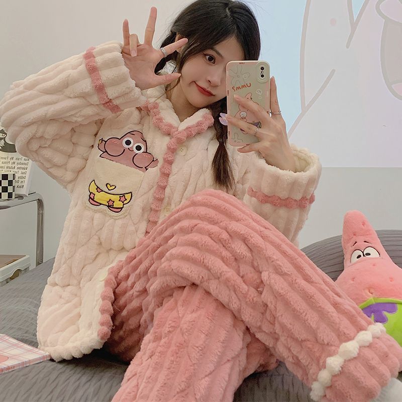 三層夾棉派大星睡衣女冬季珊瑚絨加厚保暖防寒學生大碼家居服套裝