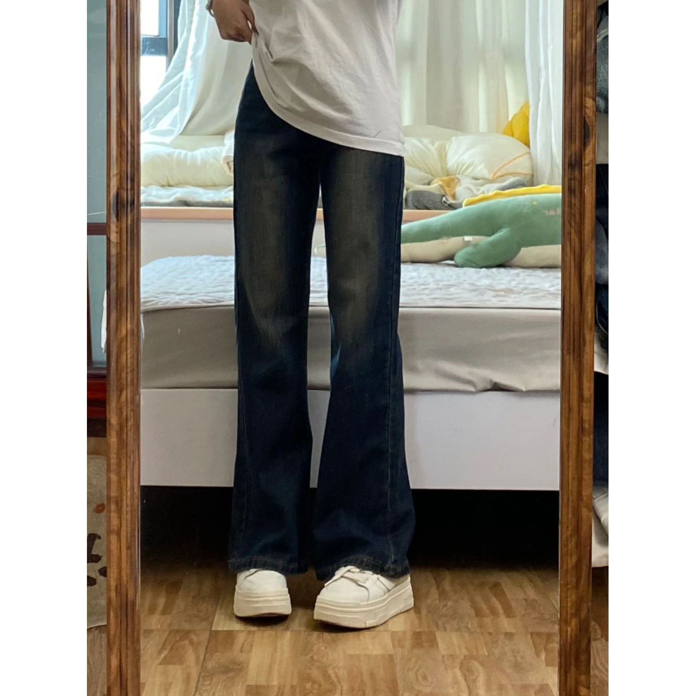 小個子闊腿微喇叭牛仔褲女新款ins復古寬鬆顯瘦直簡拖地長褲子潮