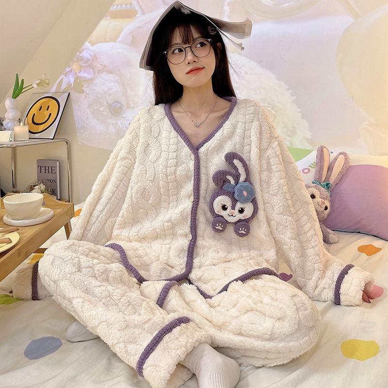 2023年新款睡衣女秋冬加厚法蘭絨玫瑰絨可愛卡通小仙風家居服套裝