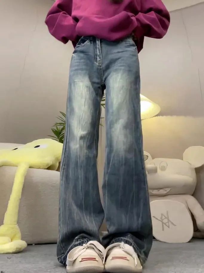 美式復古水洗微喇牛仔褲女2023秋冬新款辣妹高腰顯瘦毛邊直筒長褲