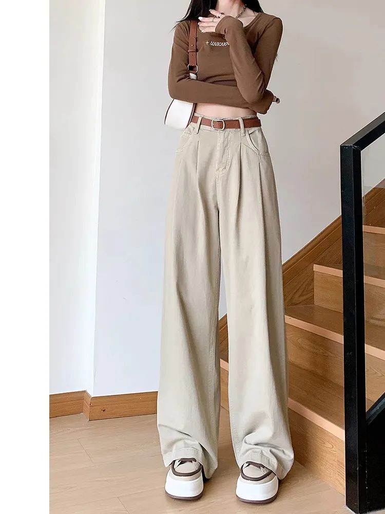Milky brown high-waisted wide-leg jeans for women autumn and winter 2023 new style pleated drape loose slimming floor-length straight pants
