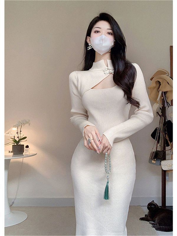 新中式改良旗袍女秋冬季新款收腰小妈感纯色打底针织连衣裙子