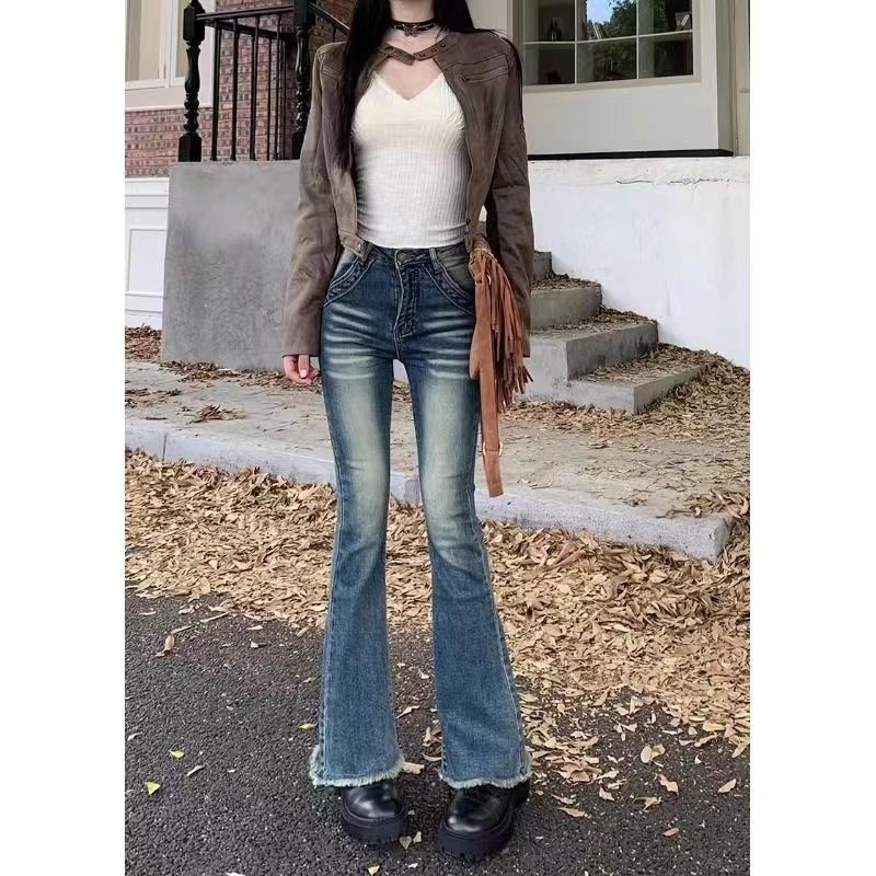 美式復古水洗高腰微喇叭牛仔褲女秋季新款修身顯瘦彈力毛邊拖地褲