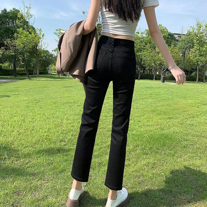 黑色小直筒牛仔褲女九分年早秋冬新款高腰顯瘦小個子彈力煙管褲子