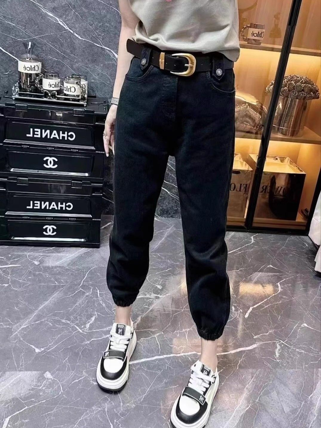 2023秋冬柒月范兒歐貨黑色九分束腳哈倫工裝褲彈力顯瘦洋氣女牛仔
