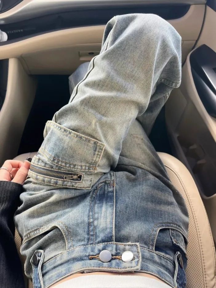 美式復古藍做舊褲腳毛邊直筒牛仔褲女秋冬新款高街百搭闊腿拖地褲