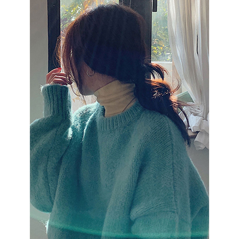 2023秋冬新款爆款高級感慵懶風加厚軟糯藍色浣熊絨毛衣女冬季內搭