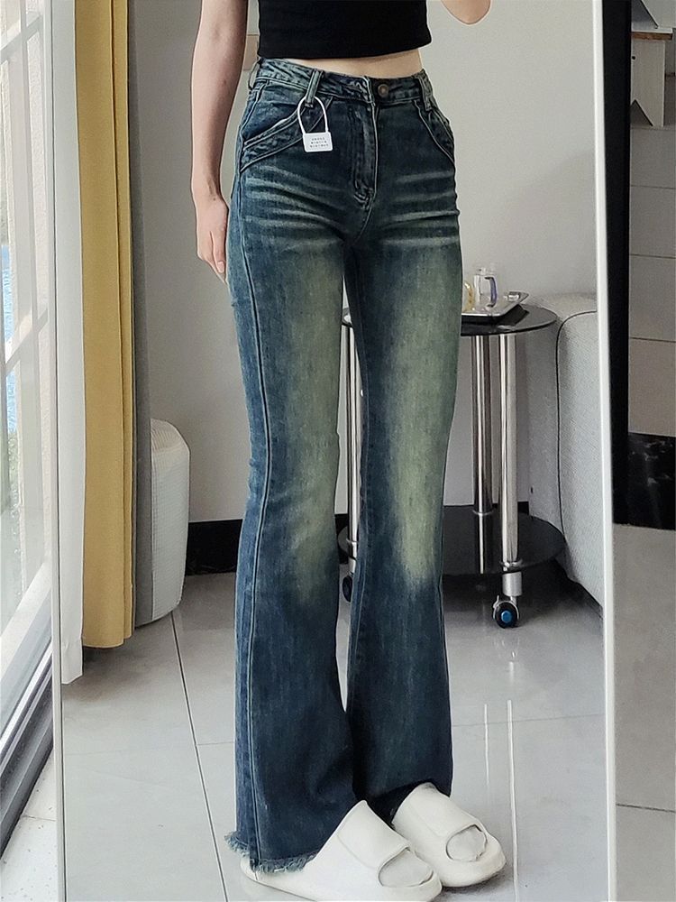 復古水洗做舊直筒微喇叭牛仔褲女ins百搭小個子彈力顯瘦馬蹄褲子